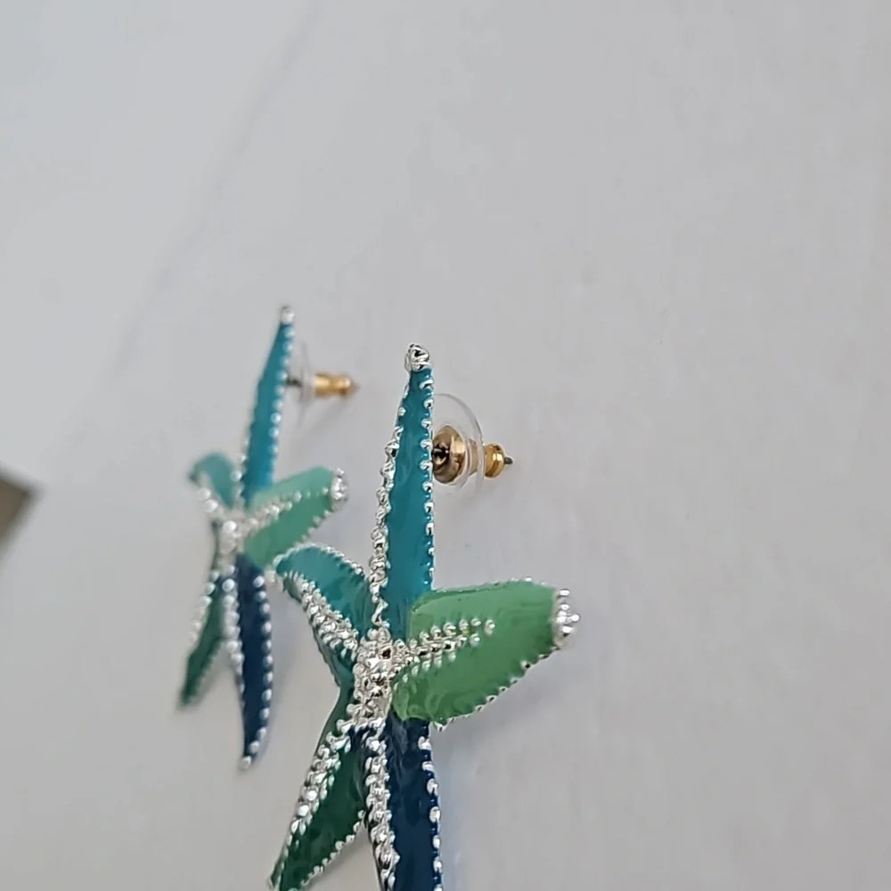 Silvertone & Shades of Green Enamel Pierced Earrings